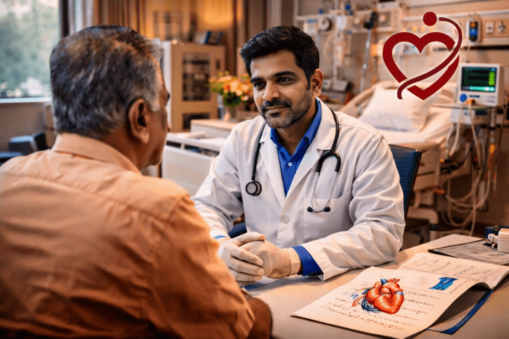 Best cardiologist in Noida consulting a patient about interventional heart treatment options